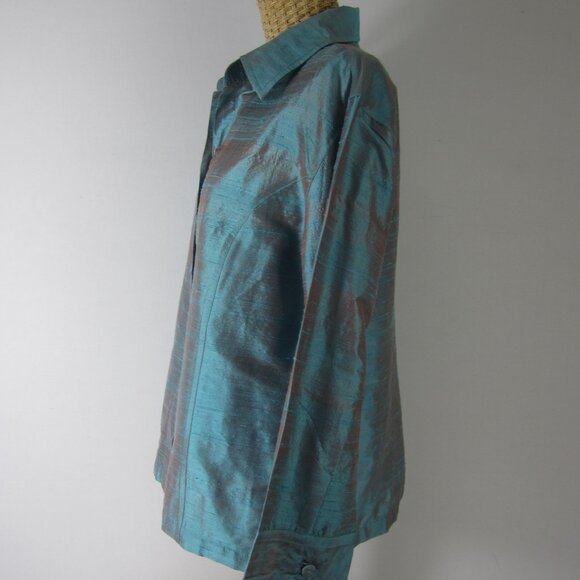 Anü by Natural Women M Turquoise Blue 100% Raw Silk Long Sleeve Shirt Iridescent - Picture 4 of 10